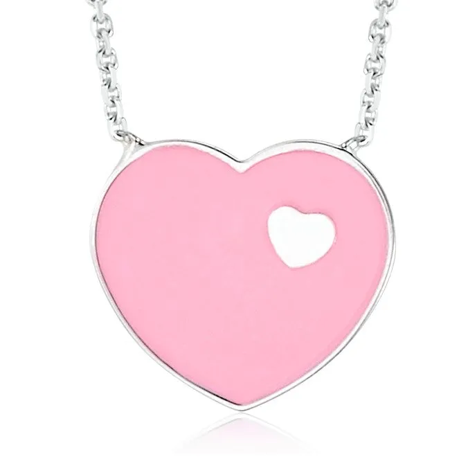 14K White Gold Pink Red or Turquoise Enamel Heart Pendant Necklace 16 Inches