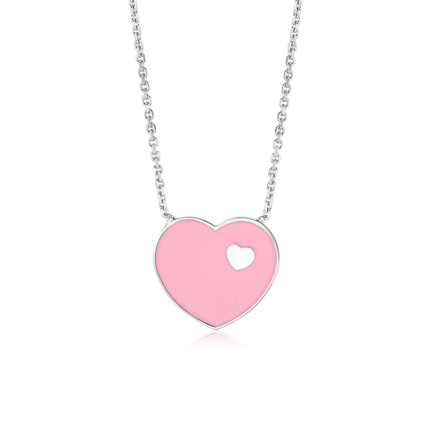 14K White Gold Pink Red or Turquoise Enamel Heart Pendant Necklace 16 Inches