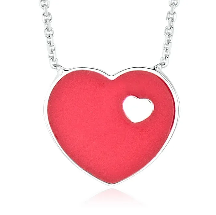 14K White Gold Pink Red or Turquoise Enamel Heart Pendant Necklace 16 Inches