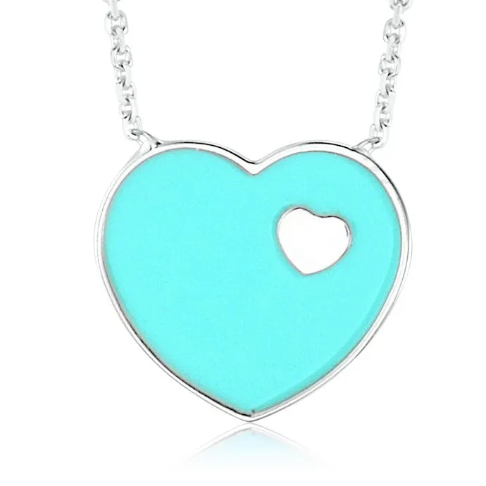 14K White Gold Pink Red or Turquoise Enamel Heart Pendant Necklace 16 Inches