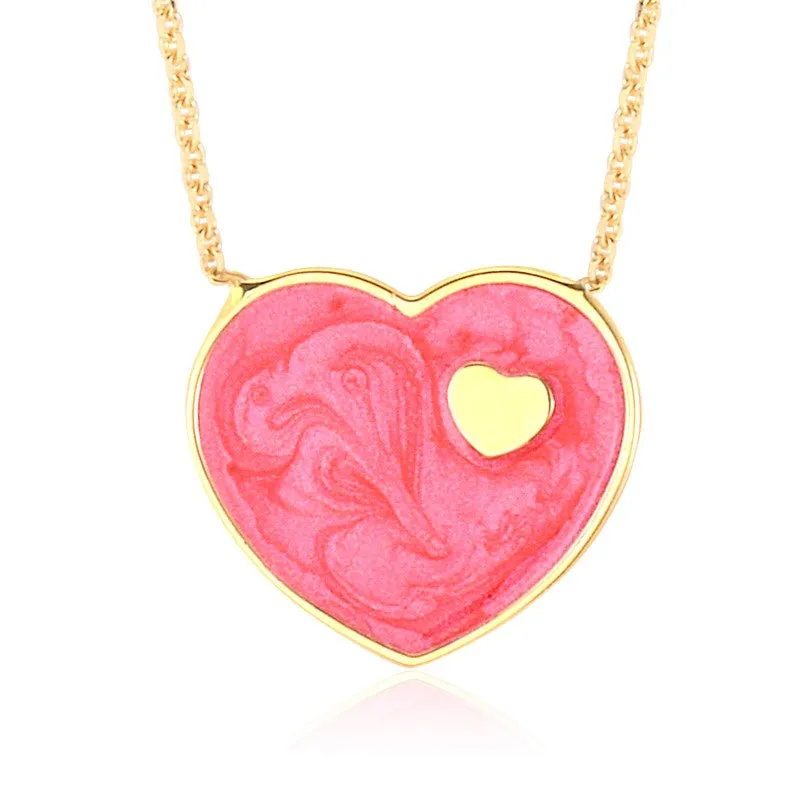 14K Yellow Gold Marbled Enamel Heart Pendant Necklace 16 Inches