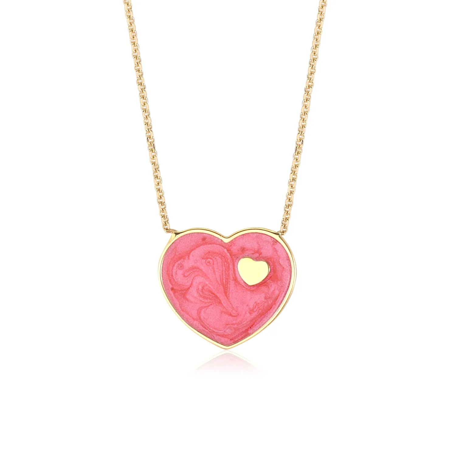 14K Yellow Gold Marbled Enamel Heart Pendant Necklace 16 Inches