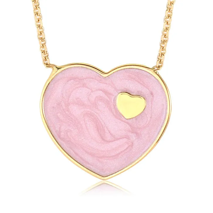 14K Yellow Gold Marbled Enamel Heart Pendant Necklace 16 Inches