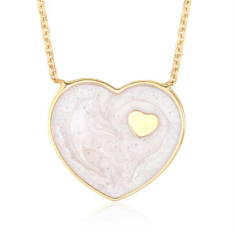 14K Yellow Gold Marbled Enamel Heart Pendant Necklace 16 Inches