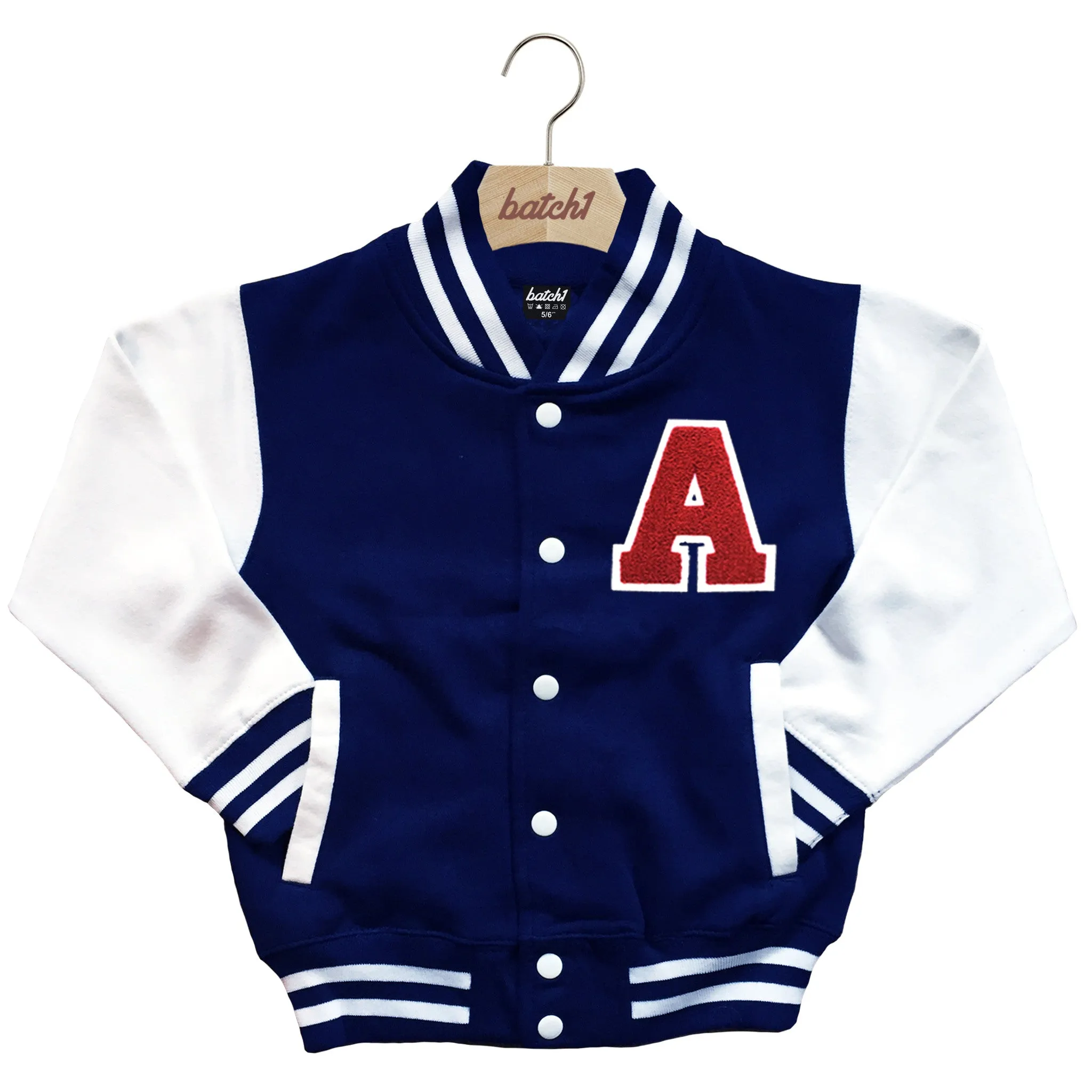 BATCH1 KIDS VARSITY BASEBALL JACKET PERSONALISED WITH GENUINE US COLLEGE LETTER A