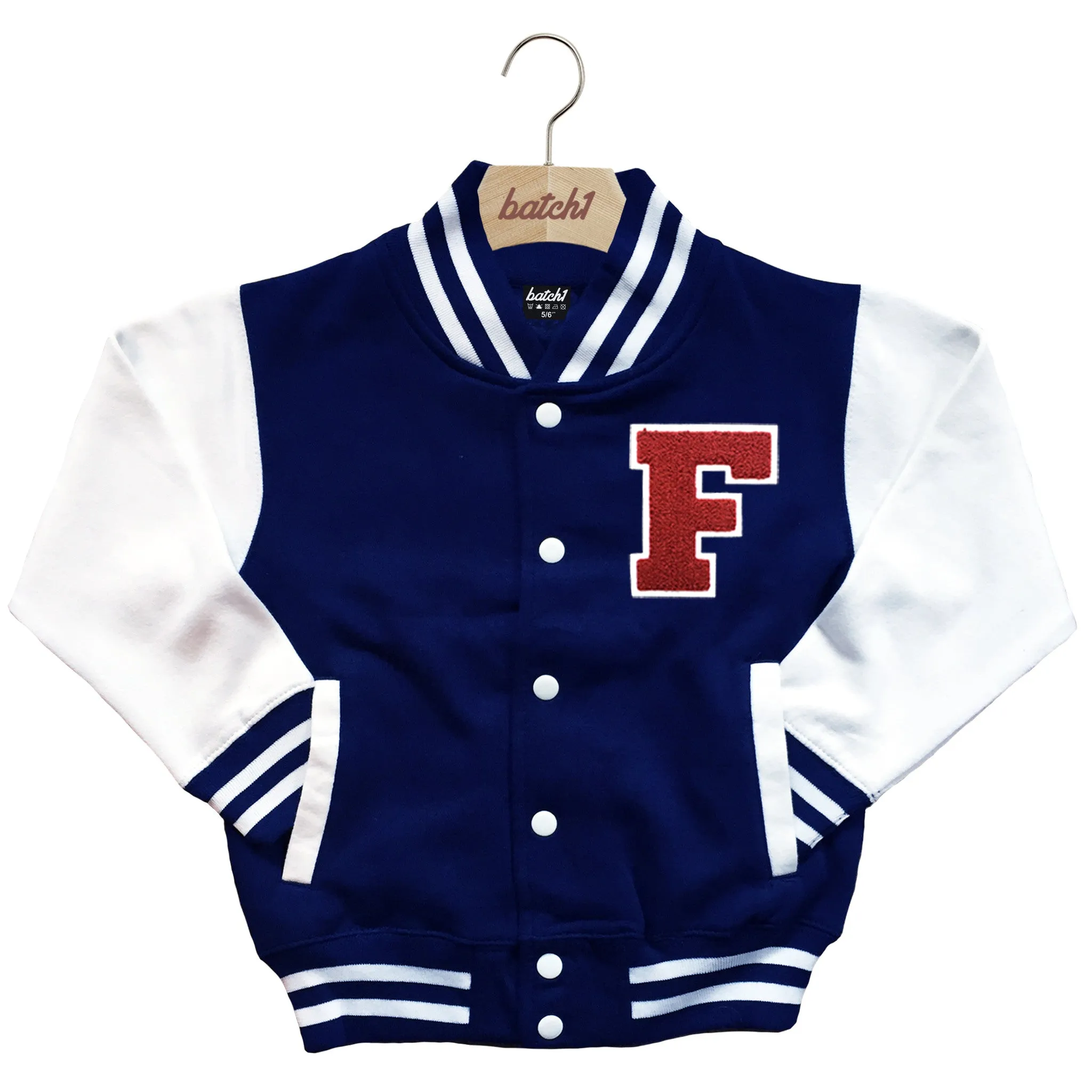 BATCH1 KIDS VARSITY BASEBALL JACKET PERSONALISED WITH GENUINE US COLLEGE LETTER F