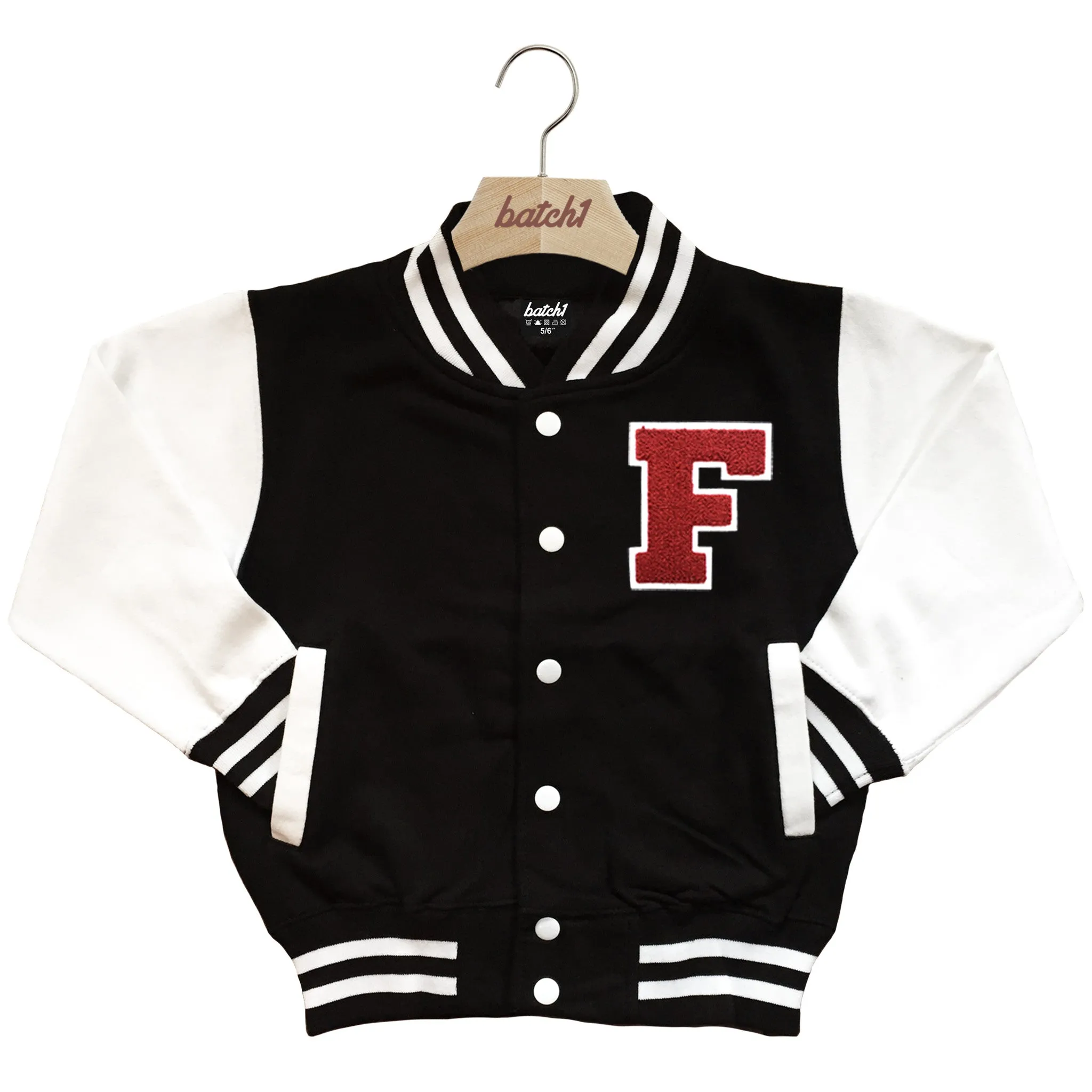 BATCH1 KIDS VARSITY BASEBALL JACKET PERSONALISED WITH GENUINE US COLLEGE LETTER F