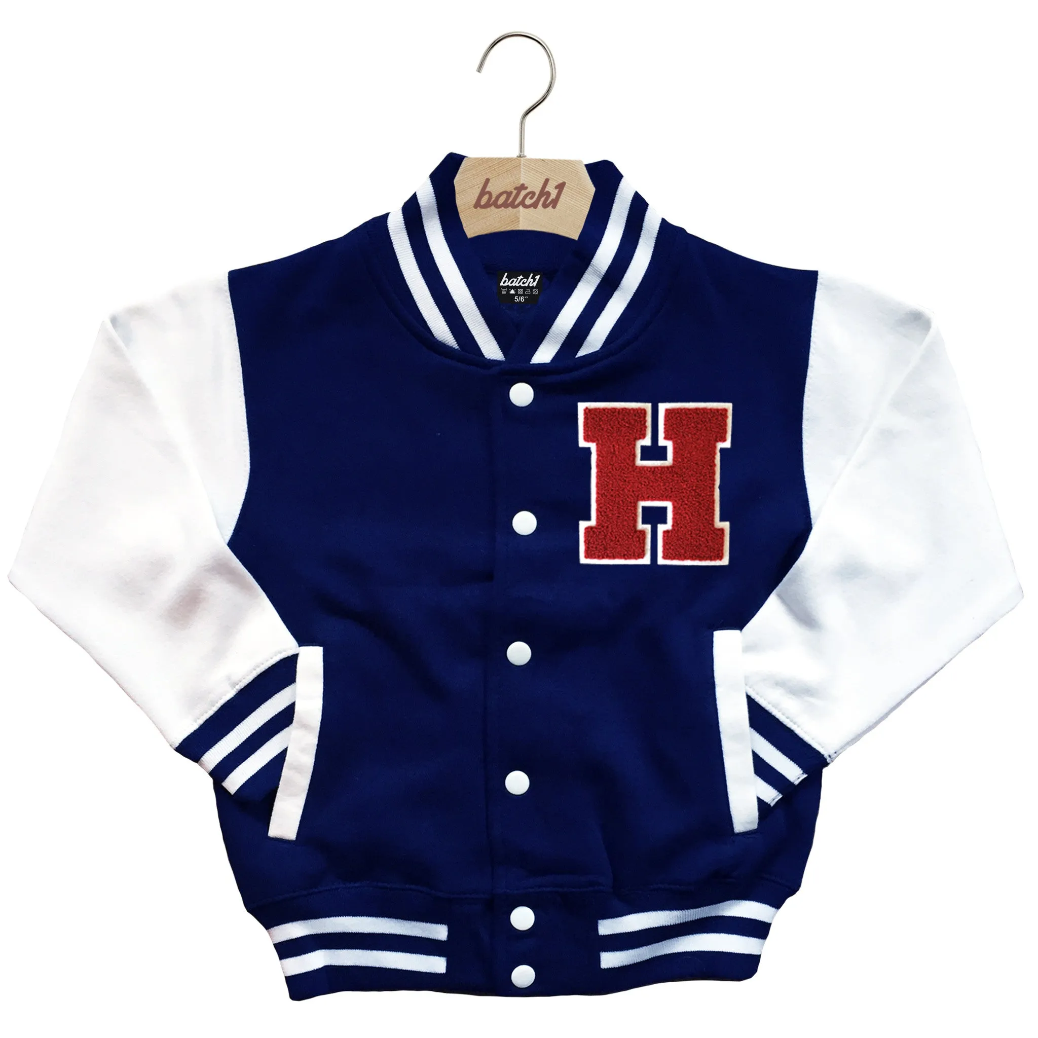 BATCH1 KIDS VARSITY BASEBALL JACKET PERSONALISED WITH GENUINE US COLLEGE LETTER H