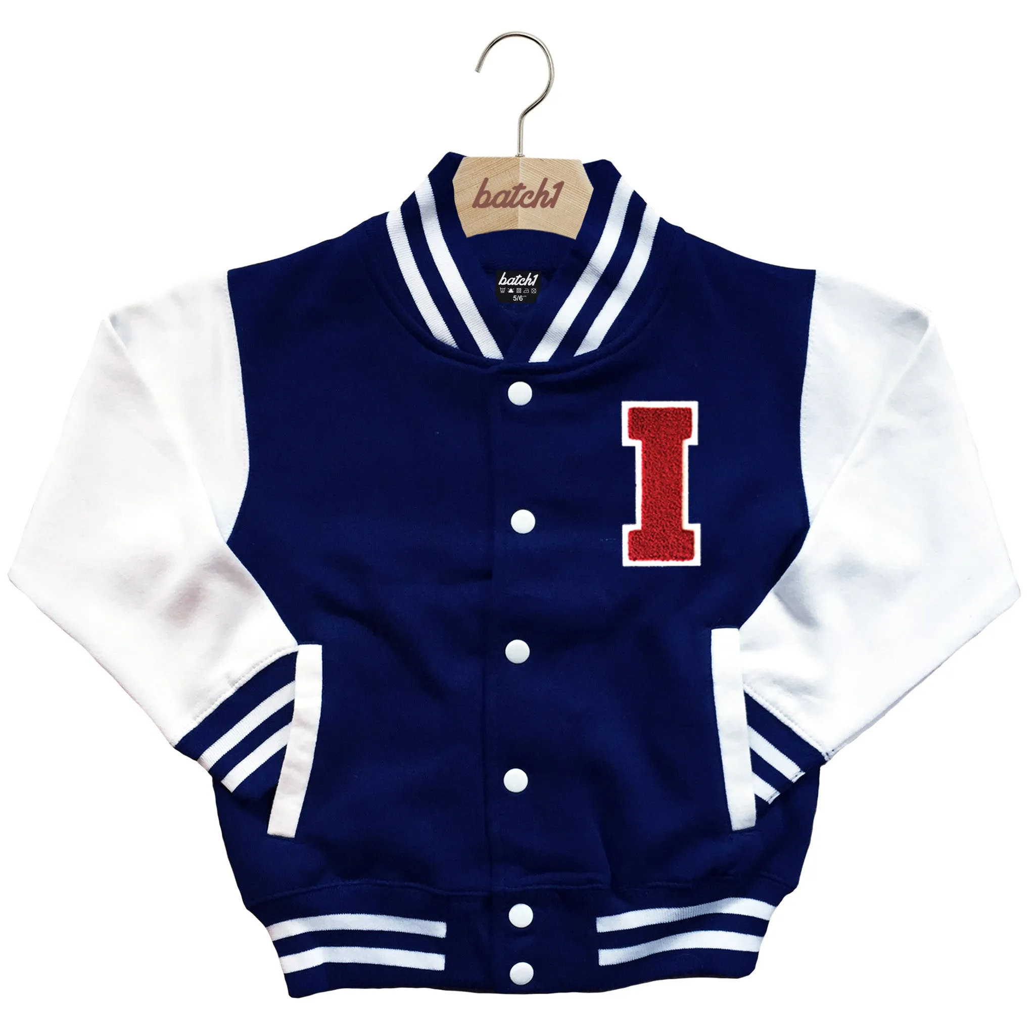 BATCH1 KIDS VARSITY BASEBALL JACKET PERSONALISED WITH GENUINE US COLLEGE LETTER I