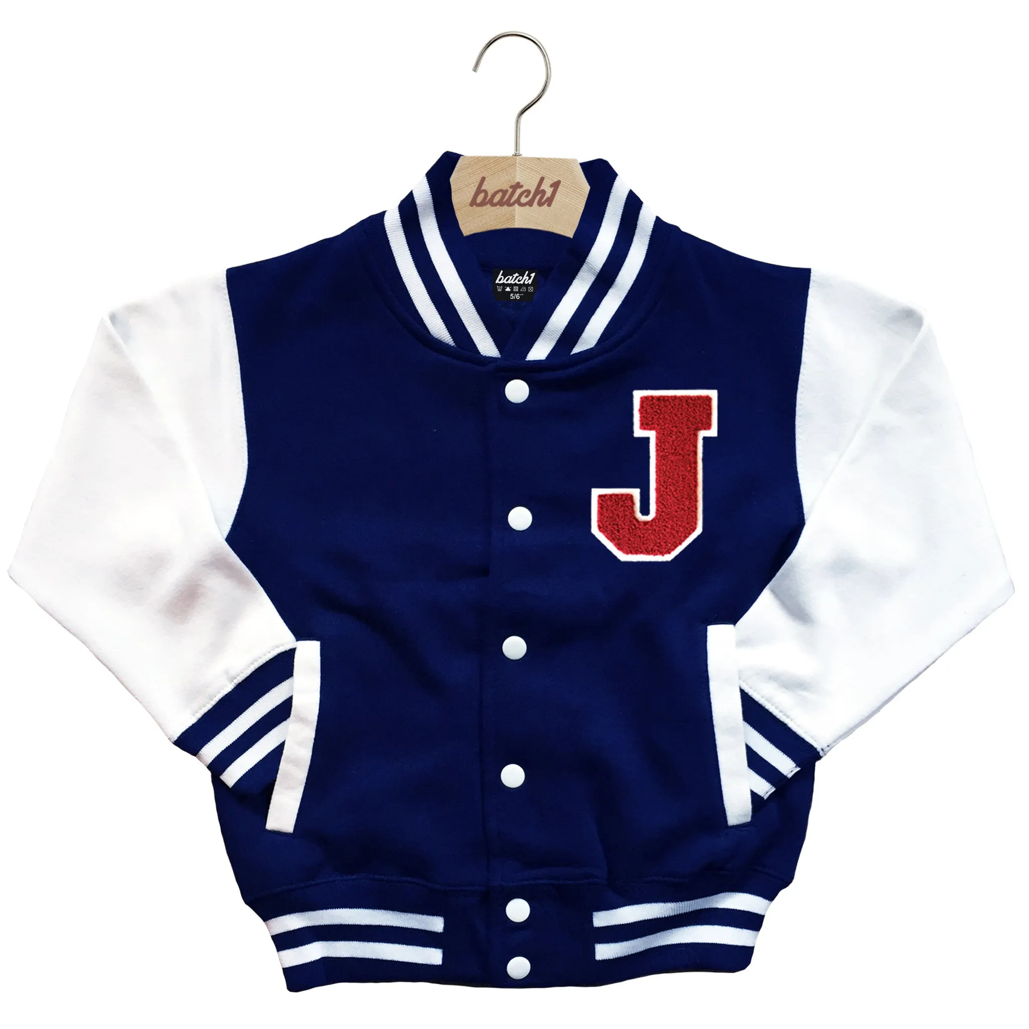 BATCH1 KIDS VARSITY BASEBALL JACKET PERSONALISED WITH GENUINE US COLLEGE LETTER J