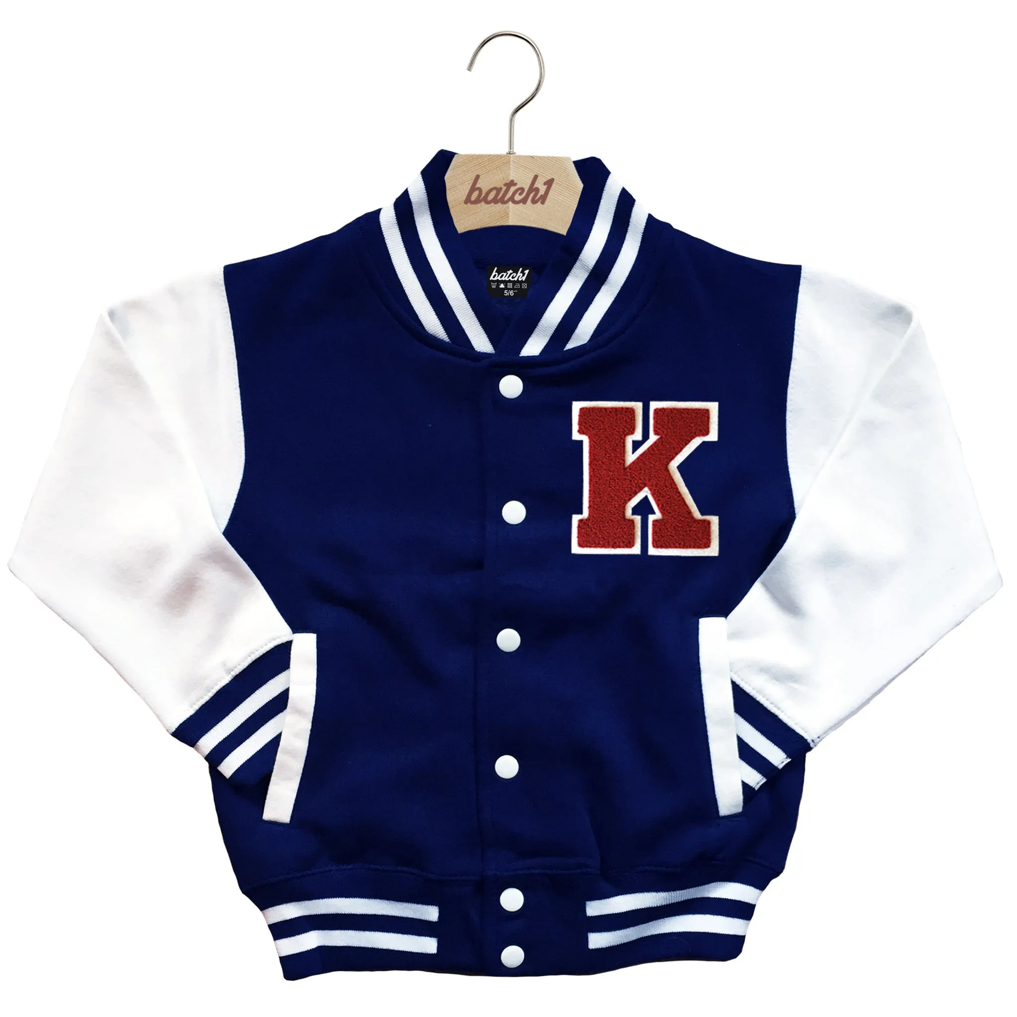 BATCH1 KIDS VARSITY BASEBALL JACKET PERSONALISED WITH GENUINE US COLLEGE LETTER K