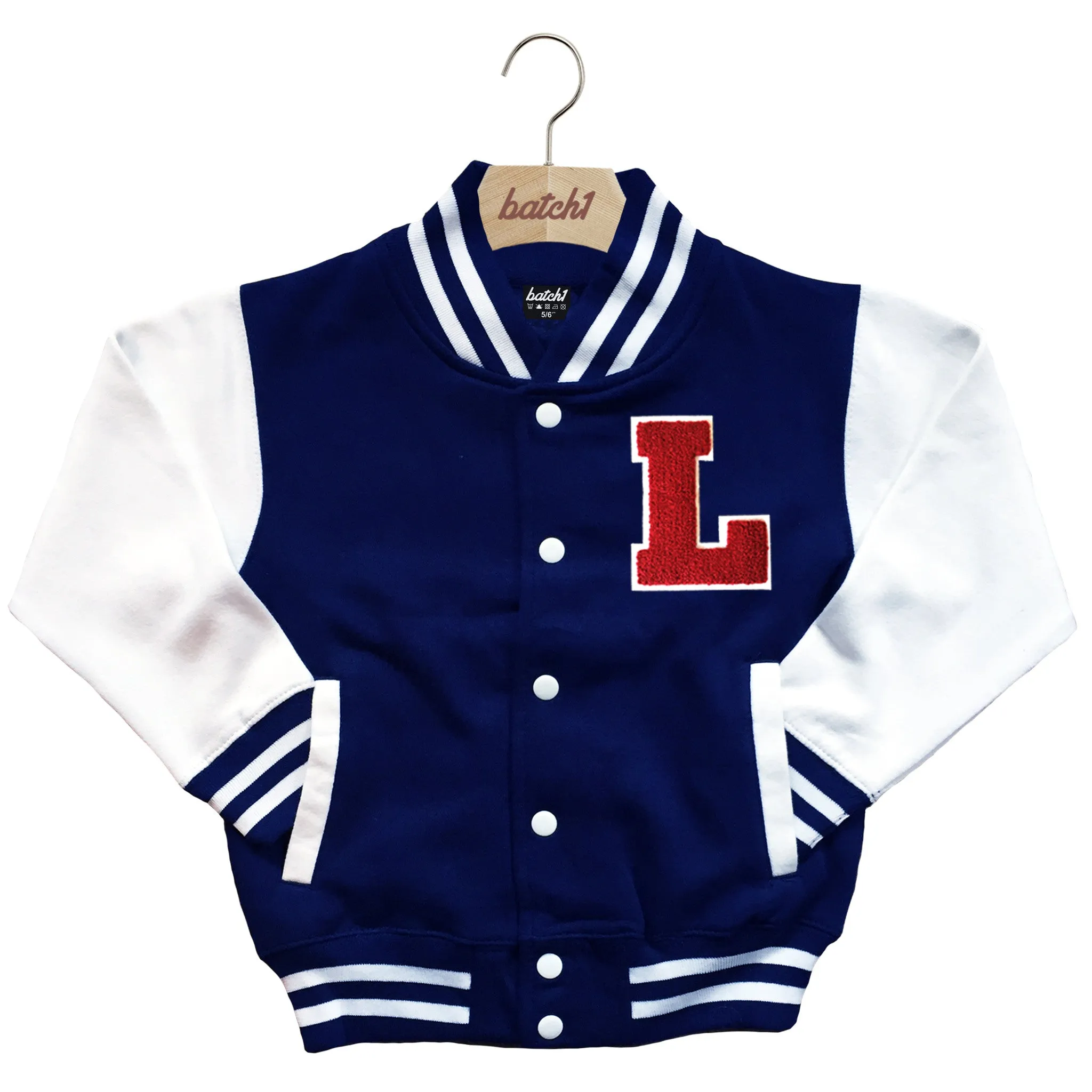 BATCH1 KIDS VARSITY BASEBALL JACKET PERSONALISED WITH GENUINE US COLLEGE LETTER L