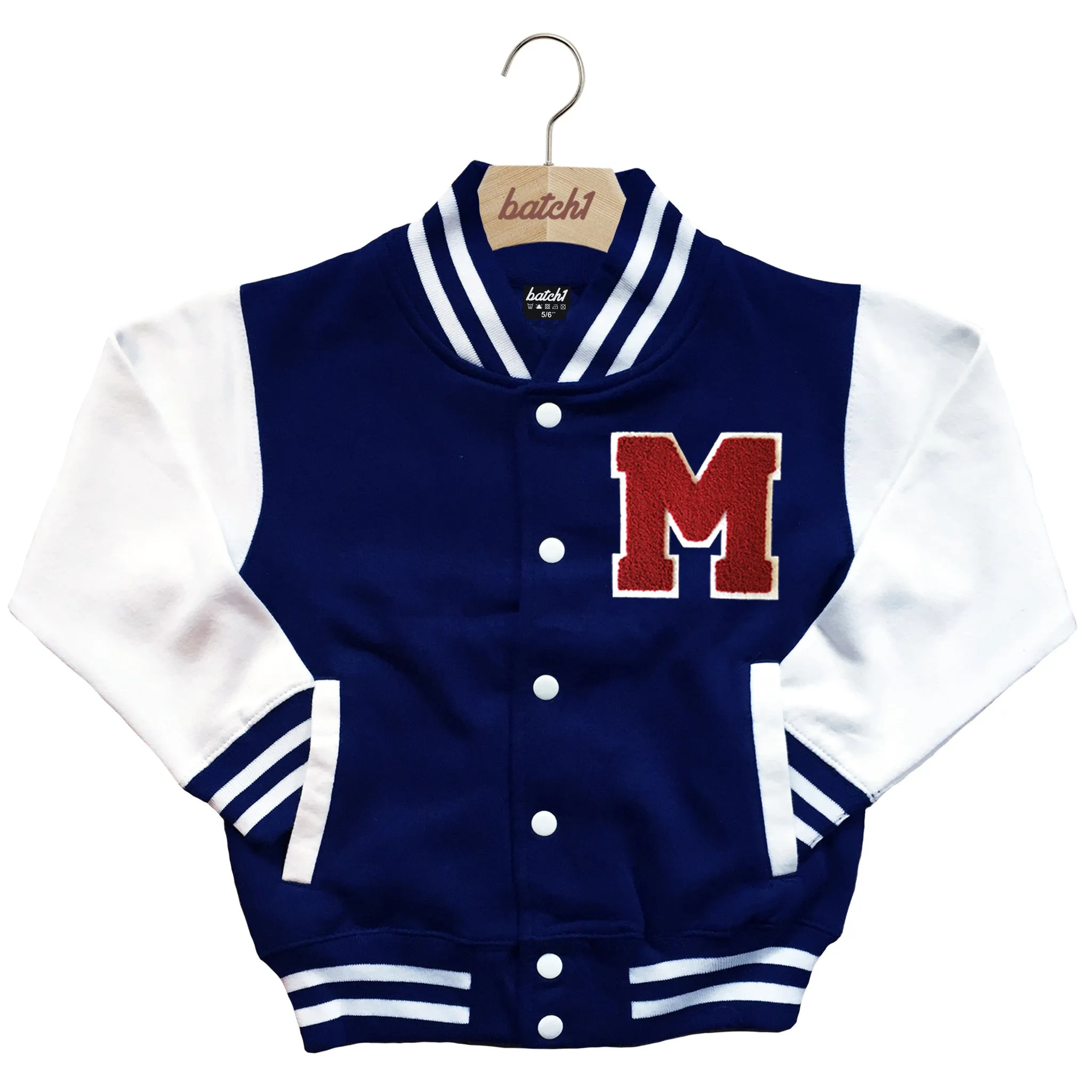 BATCH1 KIDS VARSITY BASEBALL JACKET PERSONALISED WITH GENUINE US COLLEGE LETTER M