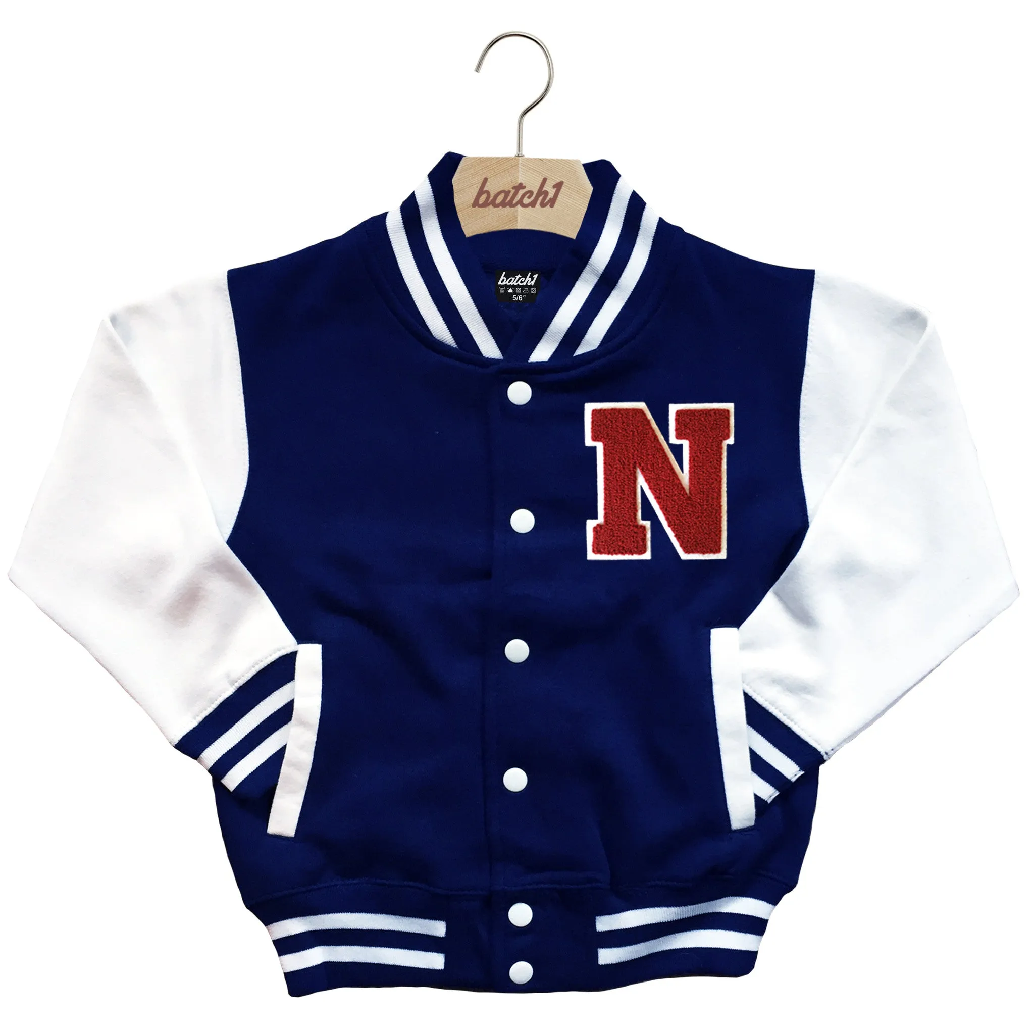 BATCH1 KIDS VARSITY BASEBALL JACKET PERSONALISED WITH GENUINE US COLLEGE LETTER N