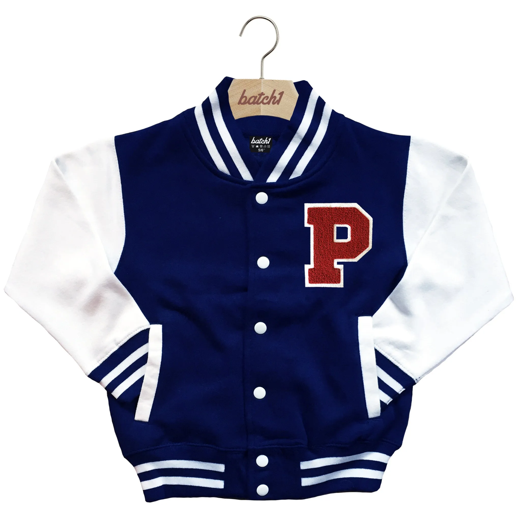 BATCH1 KIDS VARSITY BASEBALL JACKET PERSONALISED WITH GENUINE US COLLEGE LETTER P