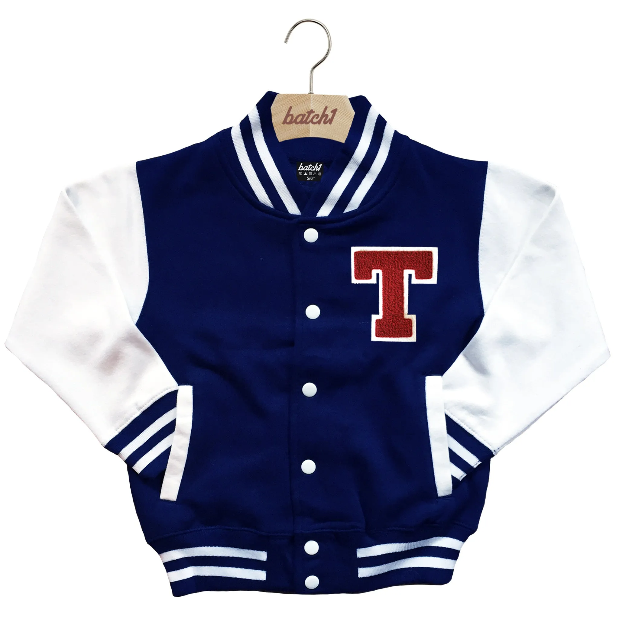 BATCH1 KIDS VARSITY BASEBALL JACKET PERSONALISED WITH GENUINE US COLLEGE LETTER T