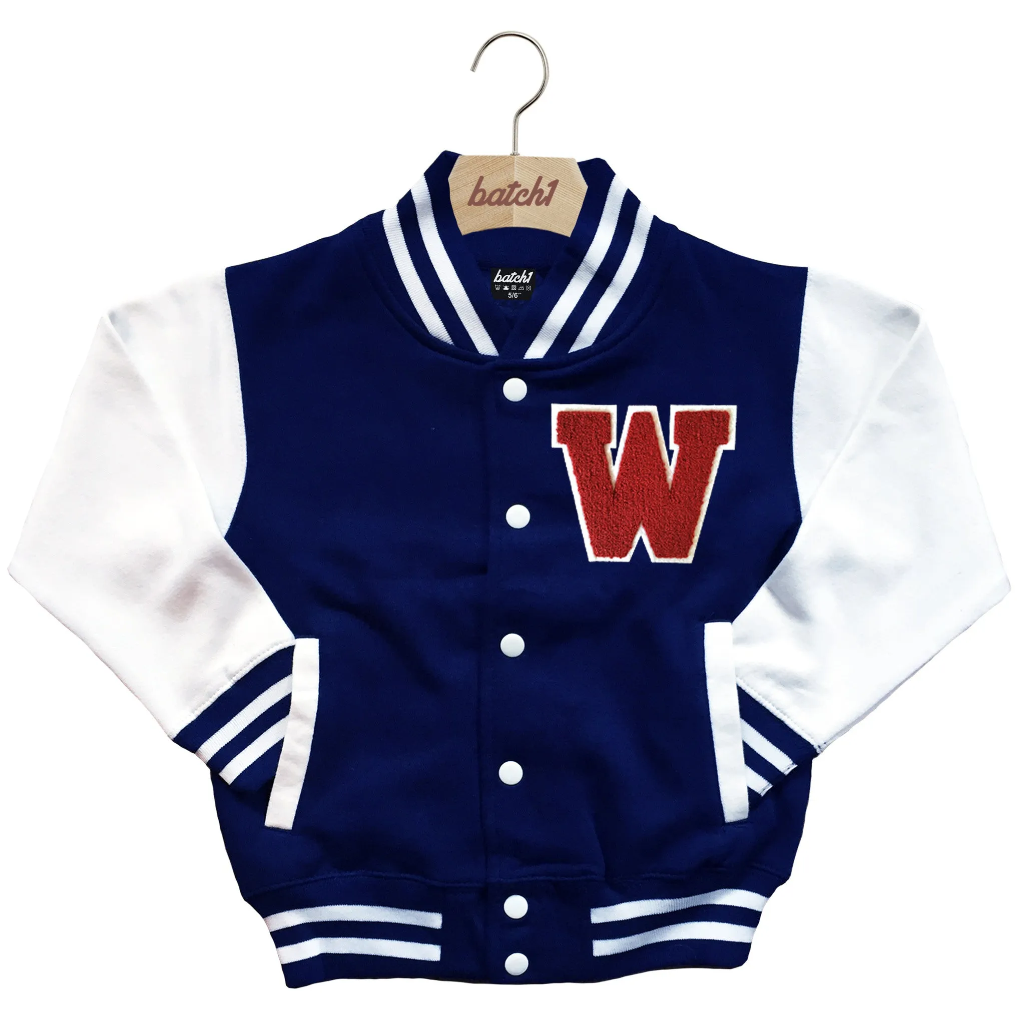 BATCH1 KIDS VARSITY BASEBALL JACKET PERSONALISED WITH GENUINE US COLLEGE LETTER W