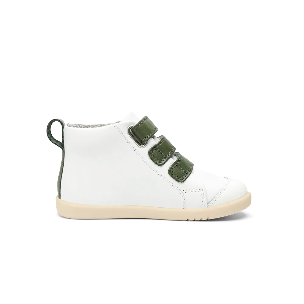 Kids Bobux Hi Court Shoes in White and Forest