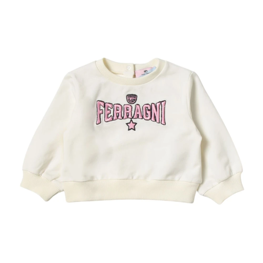 Cream Kids Sweatshirt with Pink Logo Embroidery