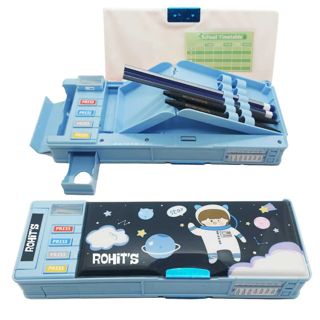 Customize Pencil Box with Name Switch Operated Multi-functional Compass Box for Kids with Press buttons