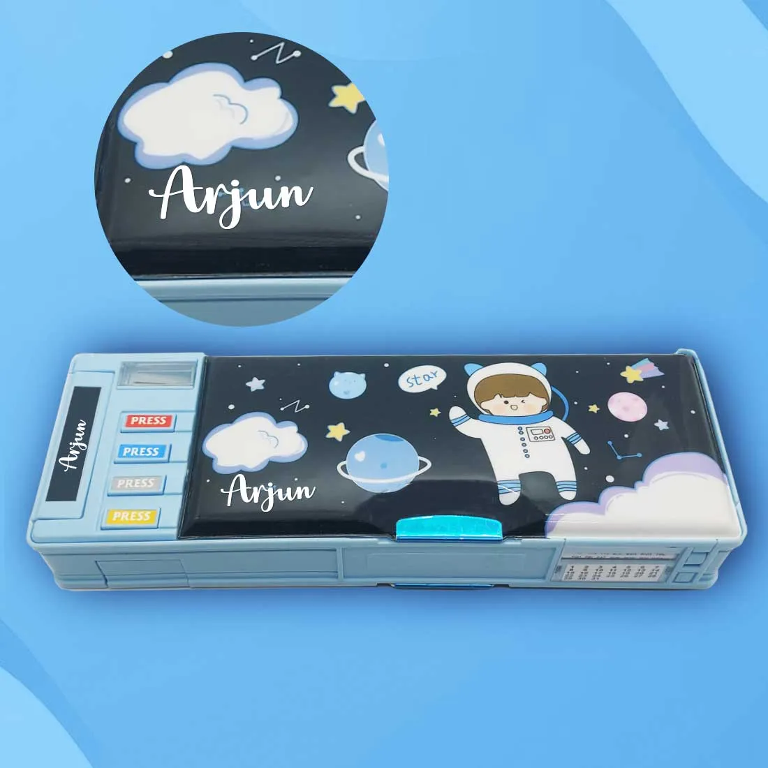 Customize Pencil Box with Name Switch Operated Multi-functional Compass Box for Kids with Press buttons