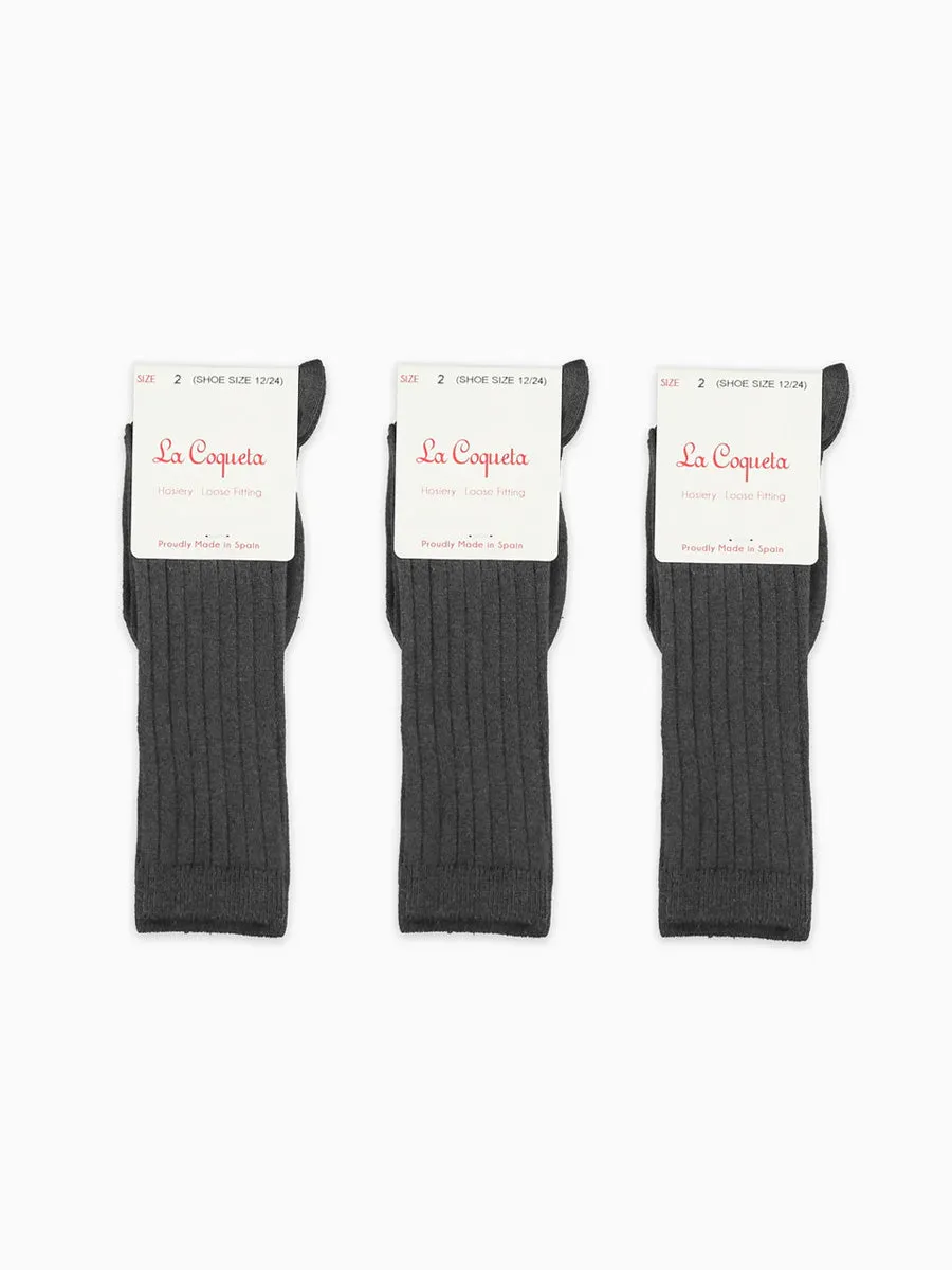 Dark Grey Melange Ribbed Knee High Kids Socks Set