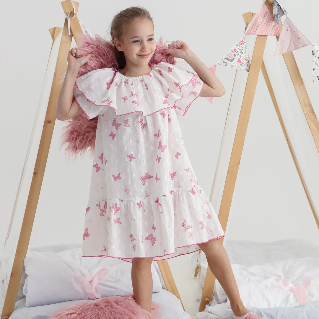 Night Sleepwear Dress with Butterflies Tiered Hemline