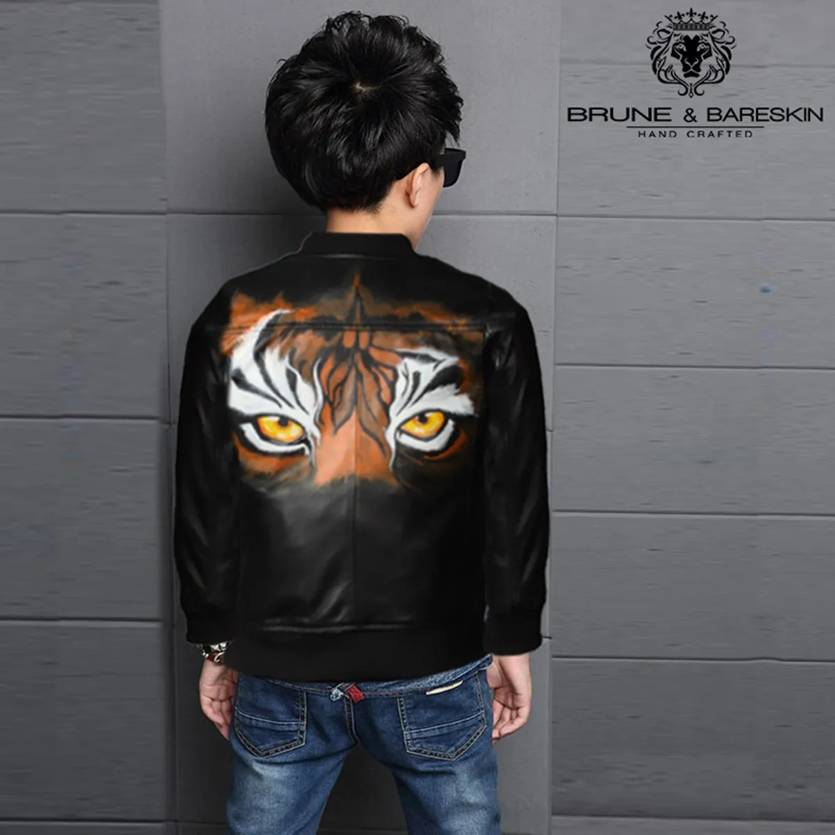 Hand Painted Initial Customized Rib Collar zipper Handmade Lion Logo Printed  Black Leather Kids Jacket By Brune & Bareskin