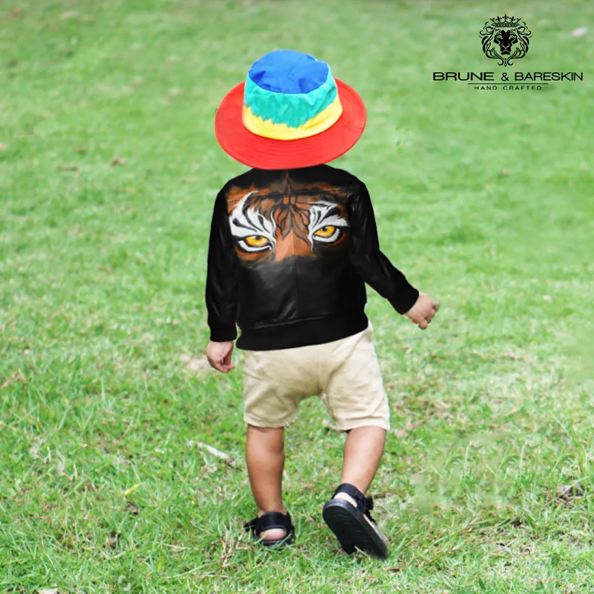 Hand Painted Initial Customized Rib Collar zipper Handmade Lion Logo Printed  Black Leather Kids Jacket By Brune & Bareskin