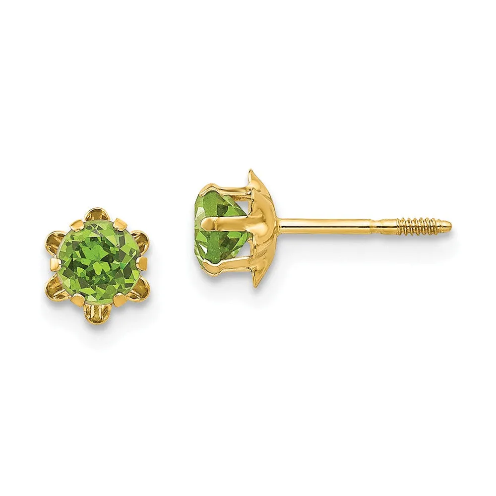 14k Yellow Gold Screw Back Stud Earrings for Kids with Synthetic Peridot