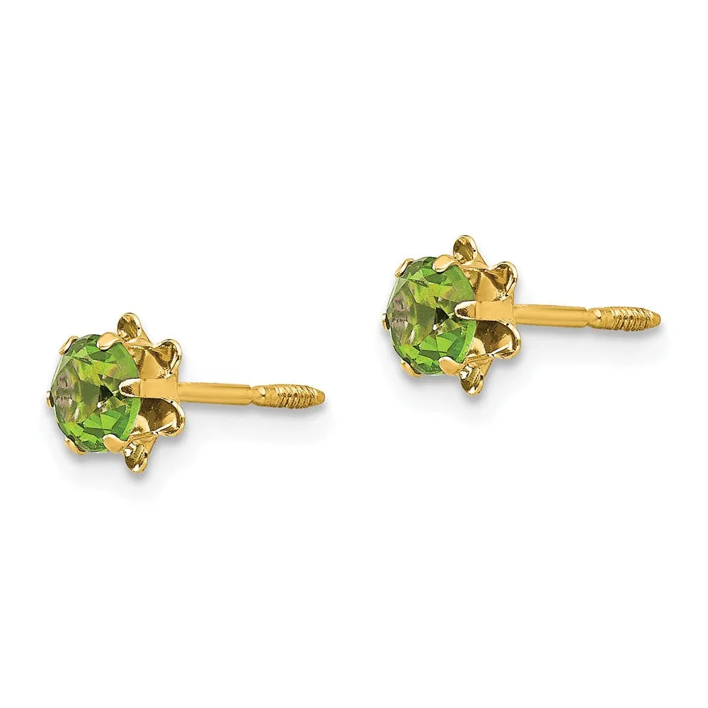 14k Yellow Gold Screw Back Stud Earrings for Kids with Synthetic Peridot