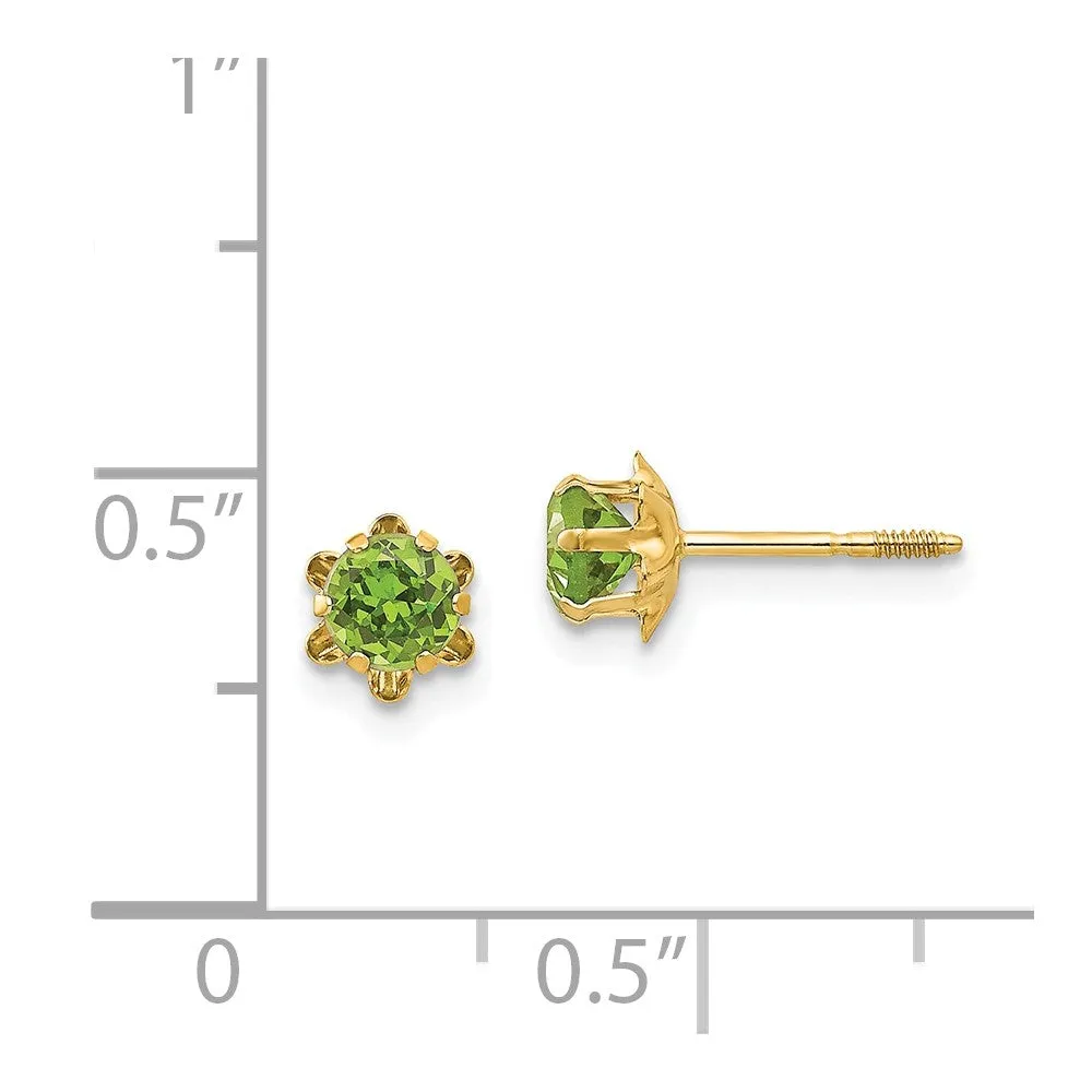 14k Yellow Gold Screw Back Stud Earrings for Kids with Synthetic Peridot