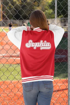 Kids and Adults Personalised Red & White Varsity Jacket Name Initial Date Established