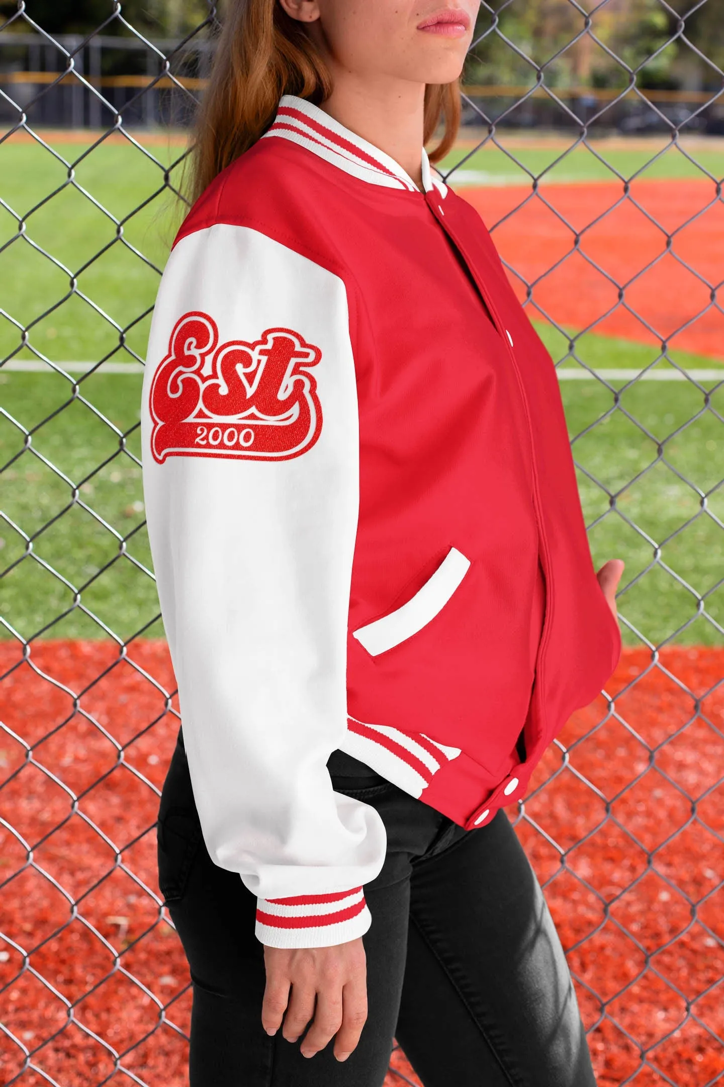 Kids and Adults Personalised Red & White Varsity Jacket Name Initial Date Established