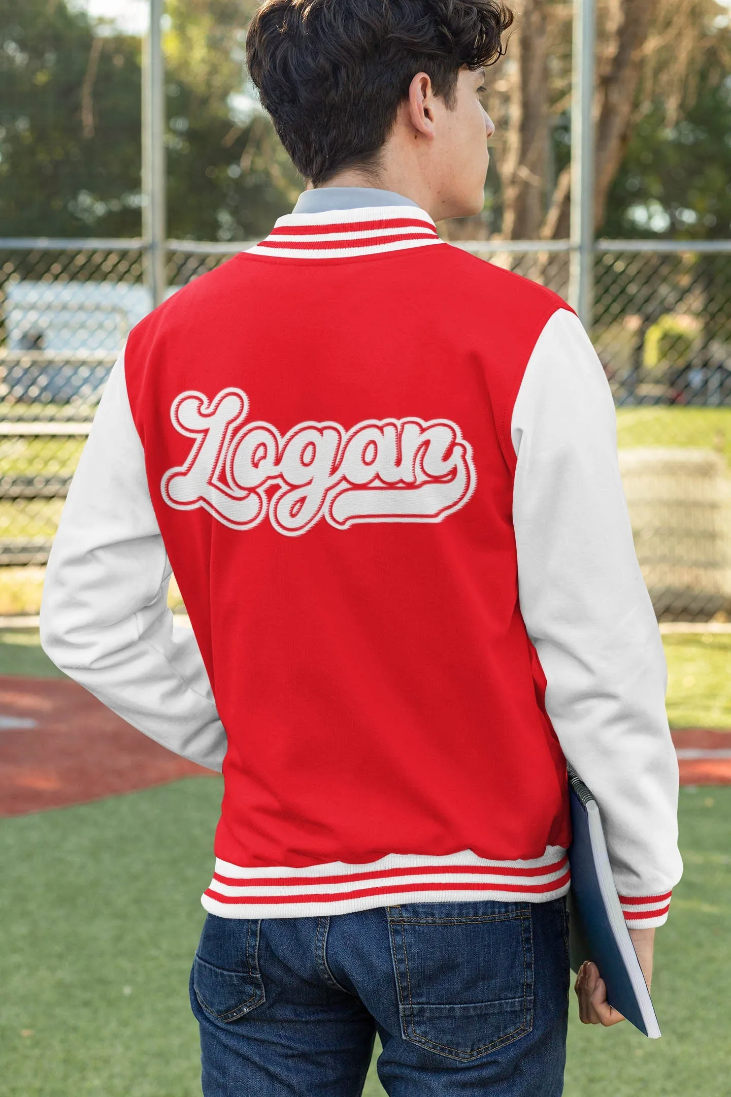 Kids and Adults Personalised Red & White Varsity Jacket Name Initial Date Established