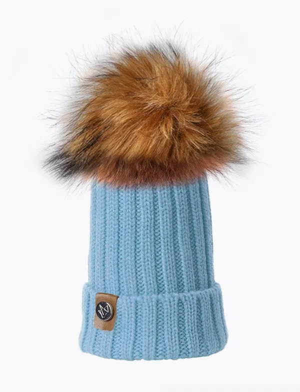 KIDS FAUX POM POM HAT - BLUE