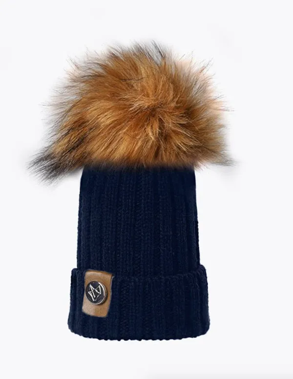 KIDS FAUX POM POM HAT - NAVY