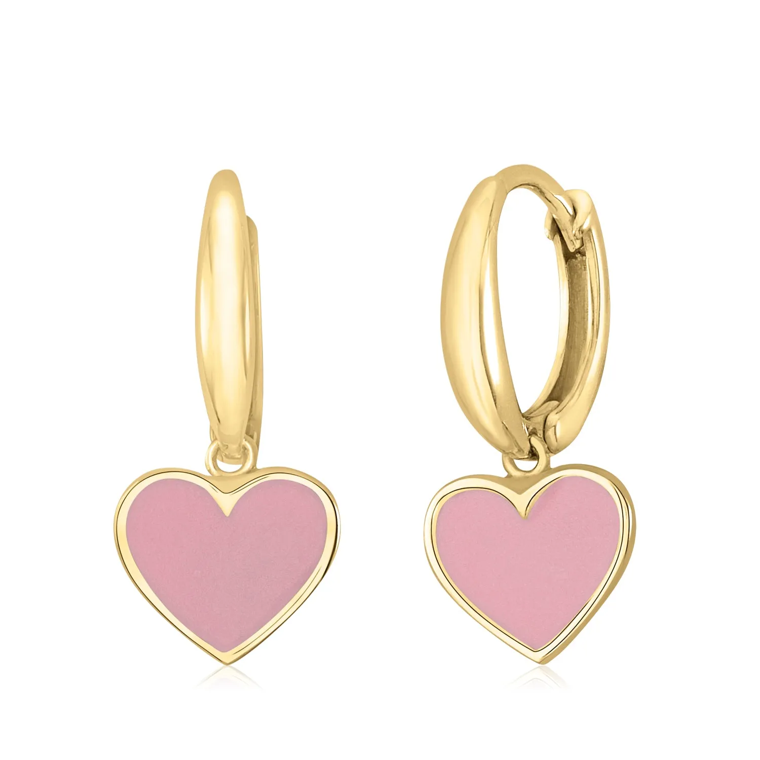 Leverback Earrings with Large Heart and Enamel in Light Blue, Light Pink, and Dark Pink by 14K White or Yellow Gold