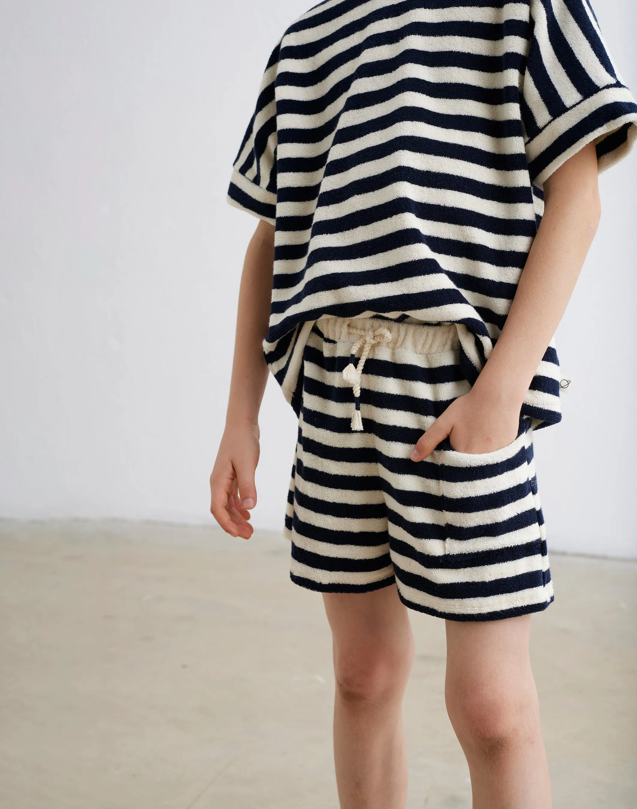 Navy towelling shorts with stripes