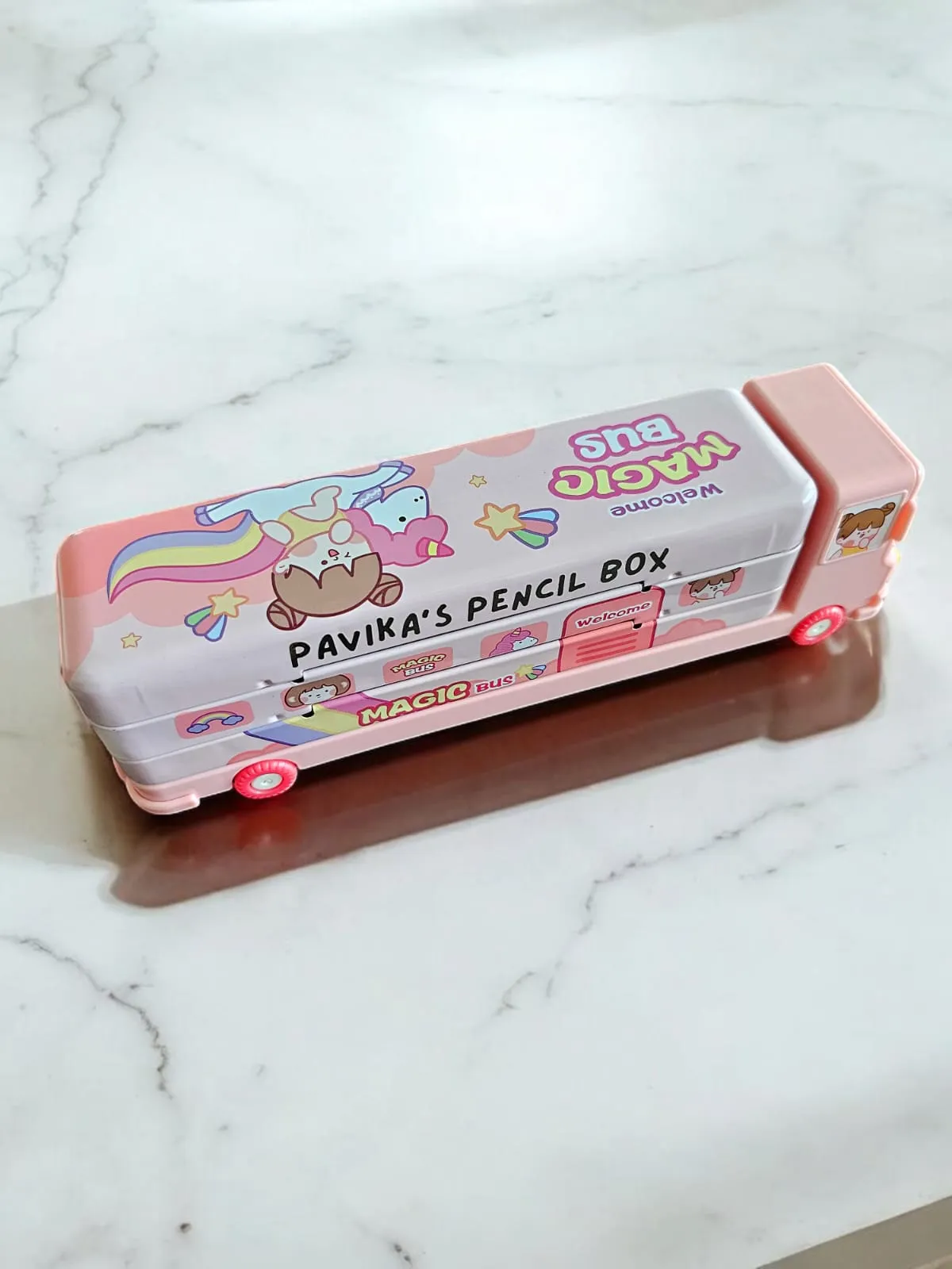 Personalised Pencil Box for Kids Magic Bus with Built-in Sharpener