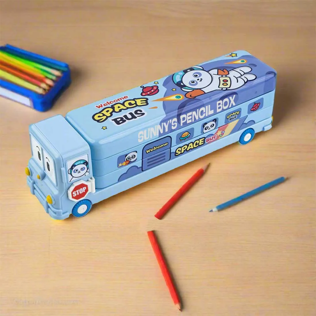 Personalized Bus Pencil Box for Kids - Space Bus with Built-in Sharpener