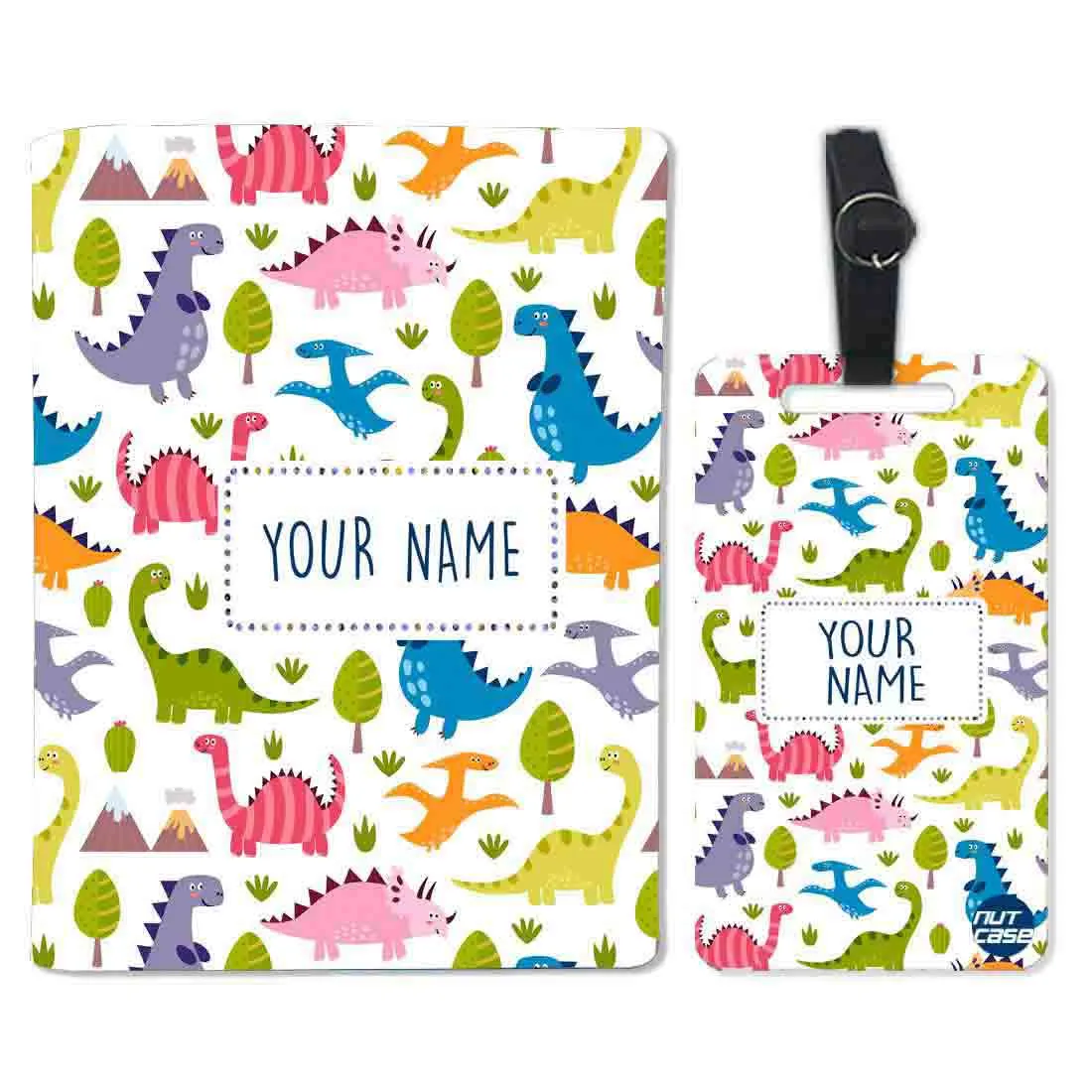 Personalized Kids Passport Cover Luggage Tag Set - Cute Dinosaur