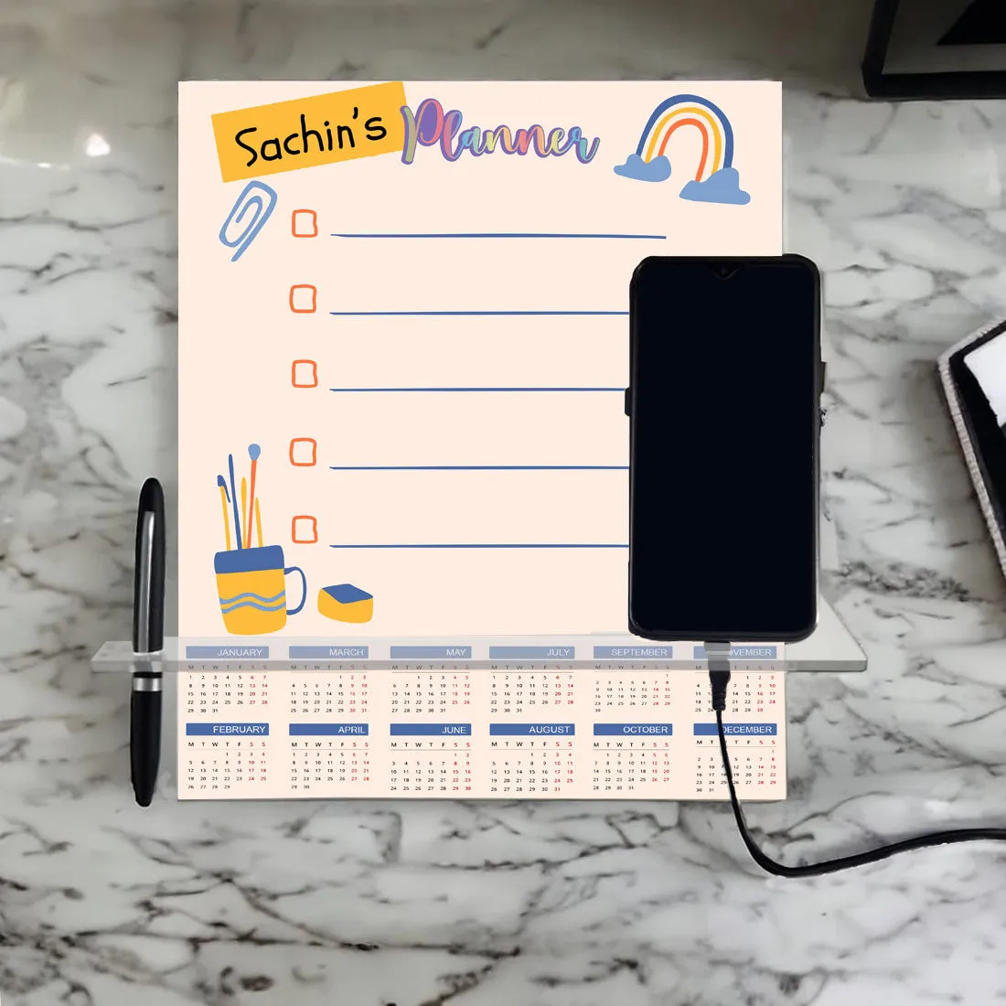 Personalized Weekly Desk Planner for Kids with Calendar and Mobile Stand