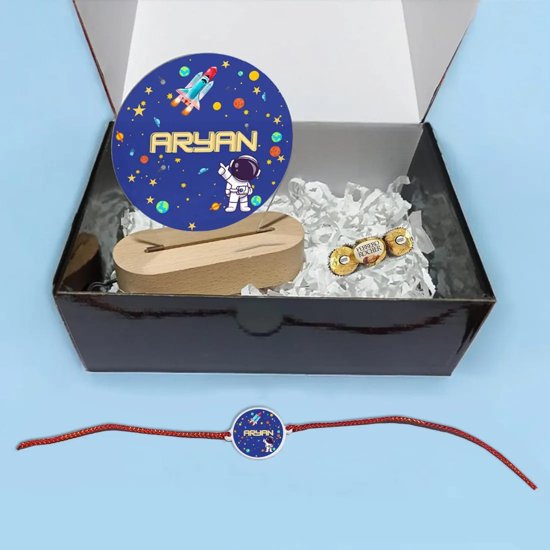 Rakhi for Little Brother Kids Gifts - Space Theme LED Lamp , Personalized Rakhi and Chocolate