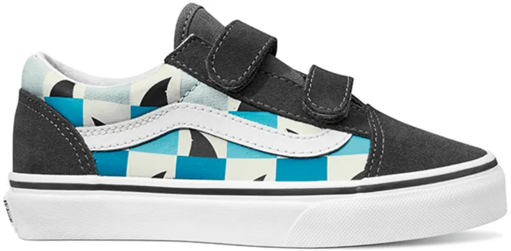 Vans Kids Old Skool V Glow Checkerboard Sharks Asphalt/True White