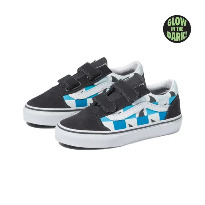 Vans Kids Old Skool V Glow Checkerboard Sharks Asphalt/True White