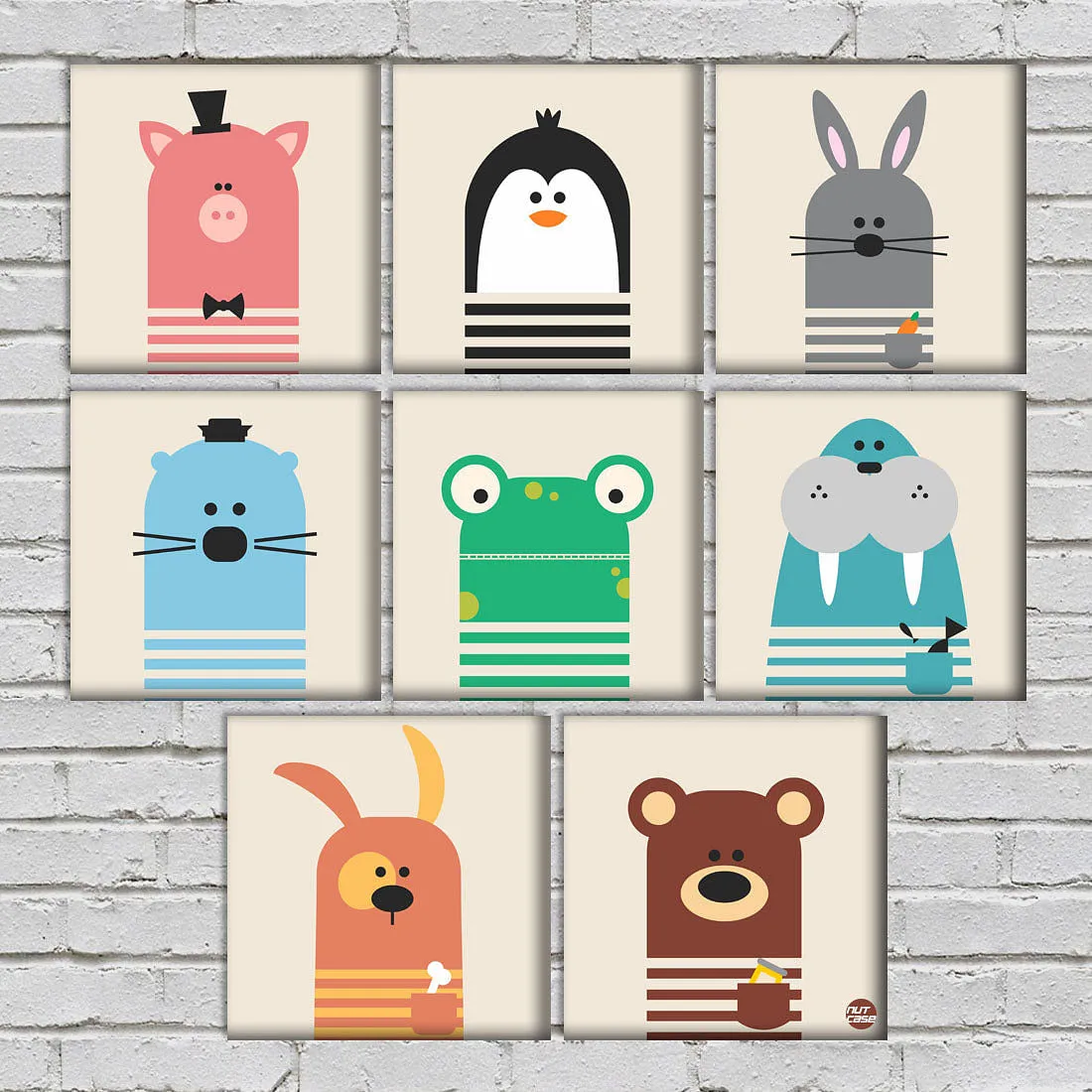 Wall Art Decor Panels For Kids Room - Set Of 8 - Baby Animals